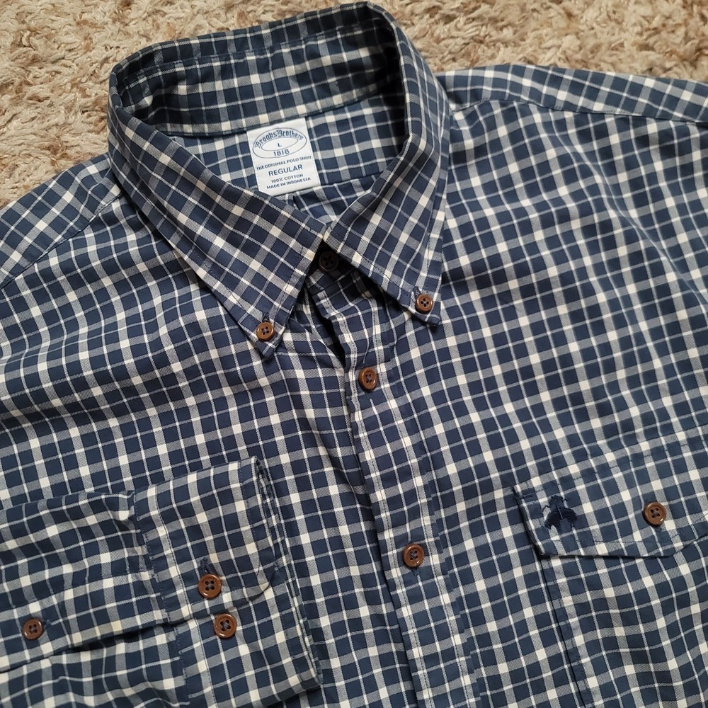 Brooks Brothers 1818 Mens L‎ Blue Plaid Check Oxford Long Sleeve Button Up